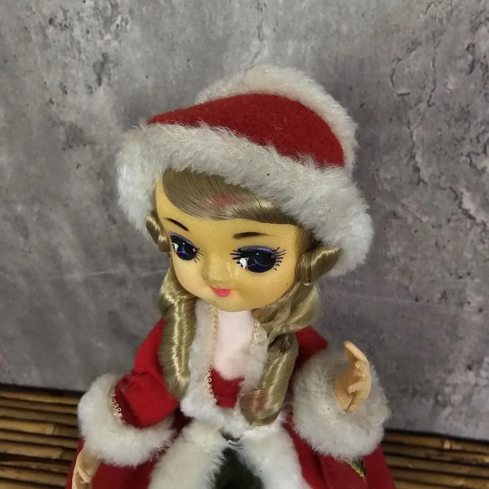 Vintage 70s Christmas Big Eye Stocking Doll Turning Music Box Silent Night AS IS